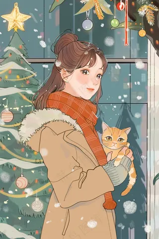 在咖啡馆外抱着猫咪的知性女孩圣诞插画背景