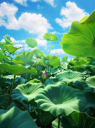 夏日荷花荷叶池塘绿叶下蓝天白云立夏大暑小暑摄影图