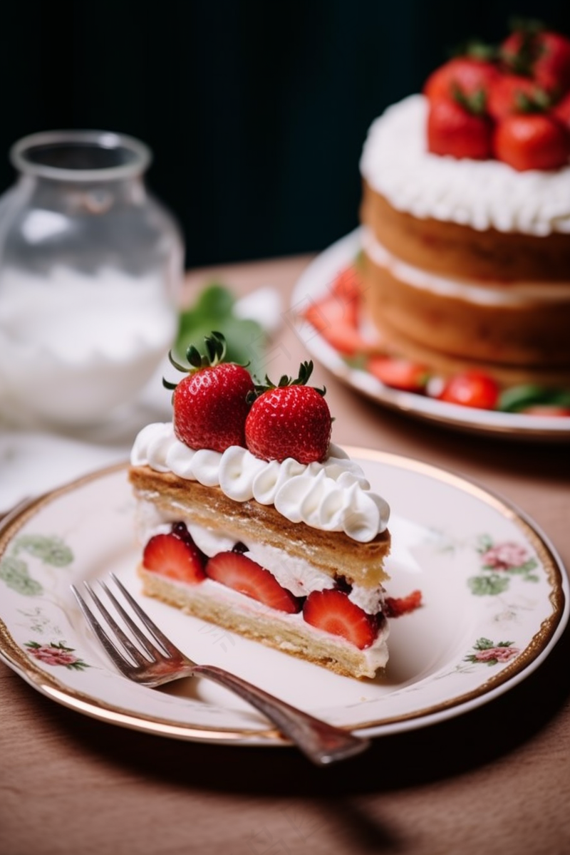 三角蛋糕草莓奶油甜点摄影图