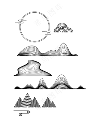 山水波浪祥云中式国风线条58免扣素材