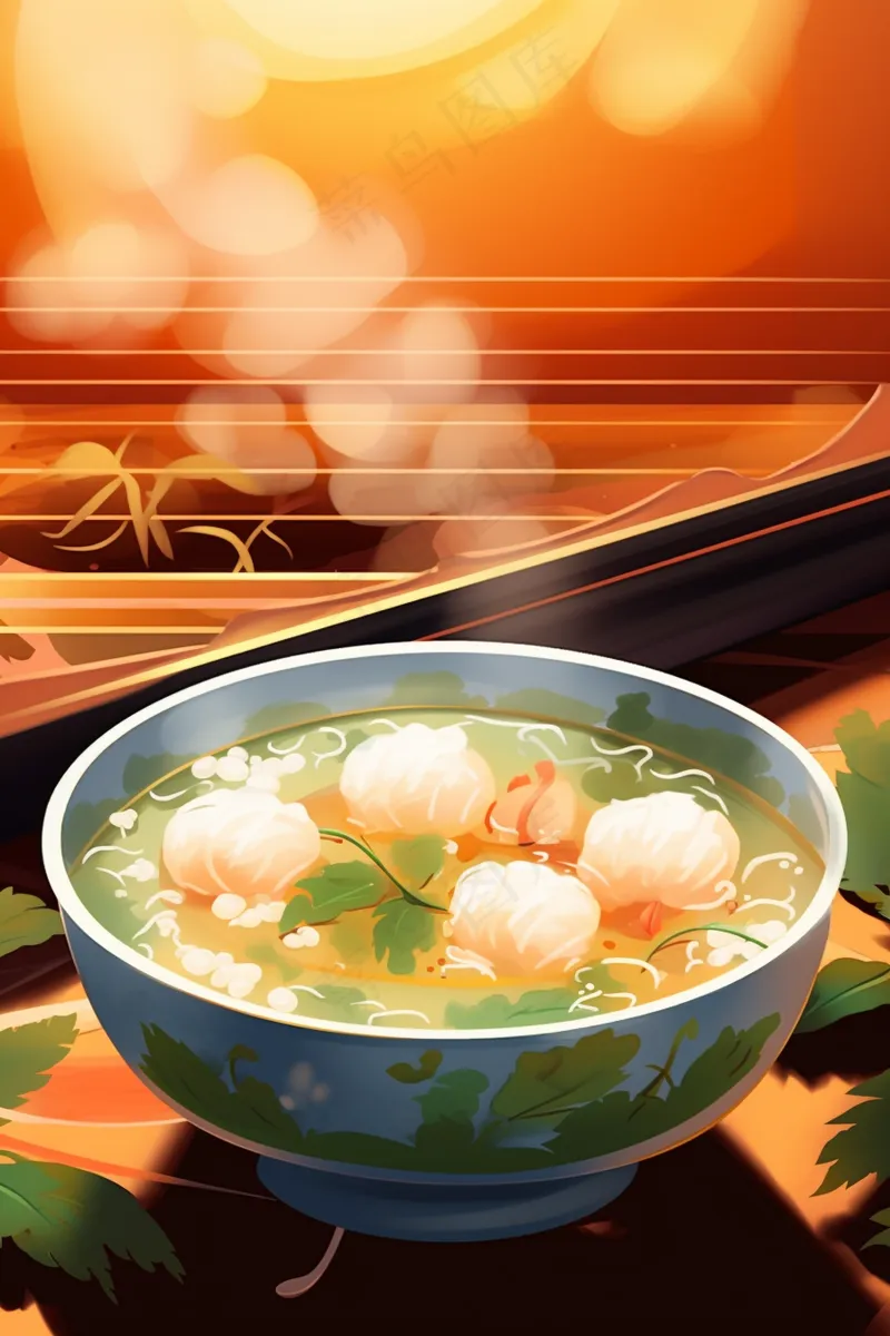 水饺虾饺云吞美食卡通插画插图背景(2688x4032)