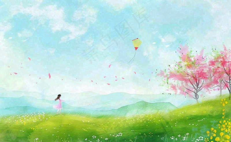 春天插画春天放风筝插画唯美桃花风筝植物春分春季山水风插画背景(1408x864)