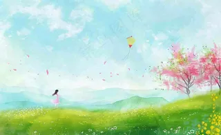 春天插画春天放风筝插画唯美桃花风筝植物春分春季山水风插画背景