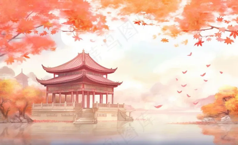 秋季枫叶晚亭山水湖面倒影美景中国风水墨画插画背景(1408x864)