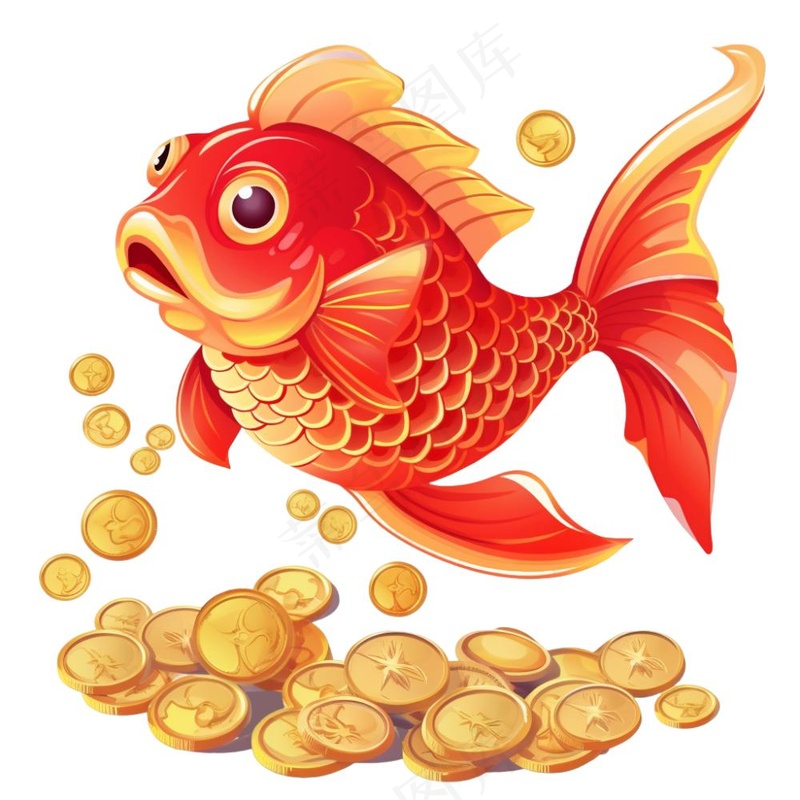 金鱼吐金币新年财富喜庆招财进宝卡通插画免抠(1024x1024)