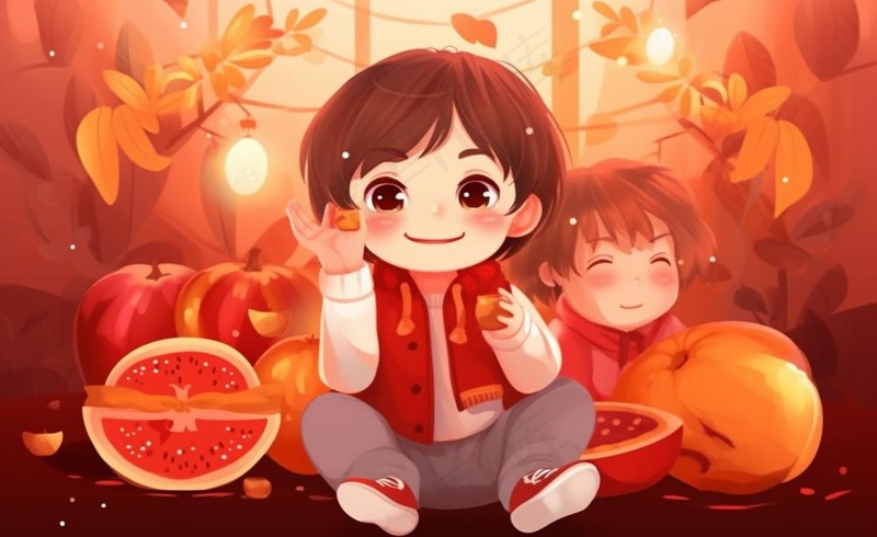 新年张灯结彩孩子们玩乐喜庆红色氛围庆祝卡通插画背景(1408x864)