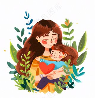 妈妈抱着孩子母亲花草环抱亲情卡通插画免抠