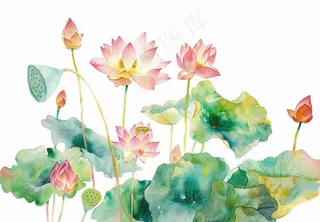 夏天荷花荷叶国风水彩画免抠