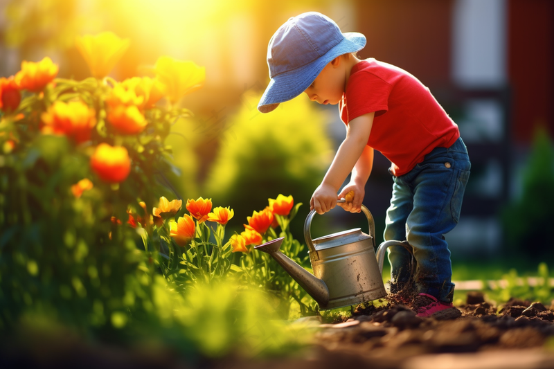 男孩在花园里浇花阳光鲜花摄影图