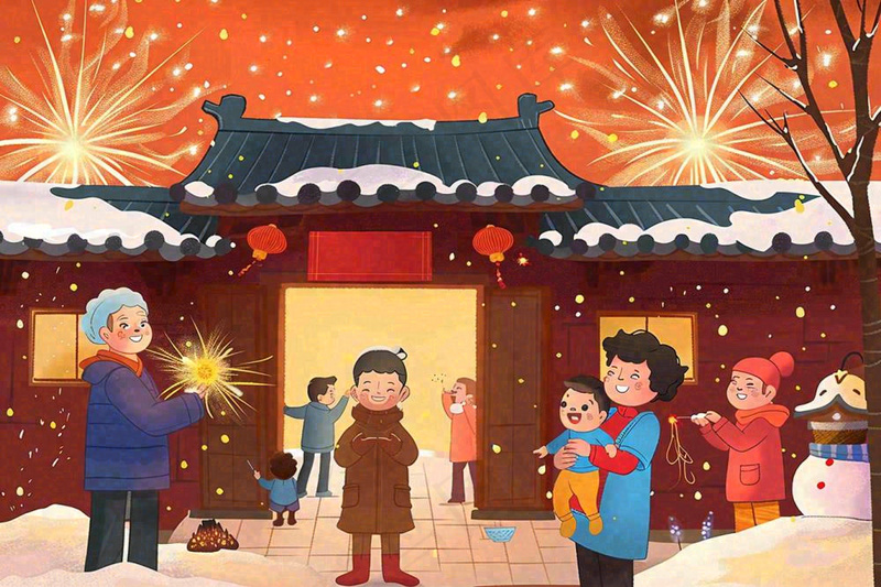 卡通新年全家放烟花鞭炮团聚喜庆春节插画过年喜庆小年除夕夜元宵背景