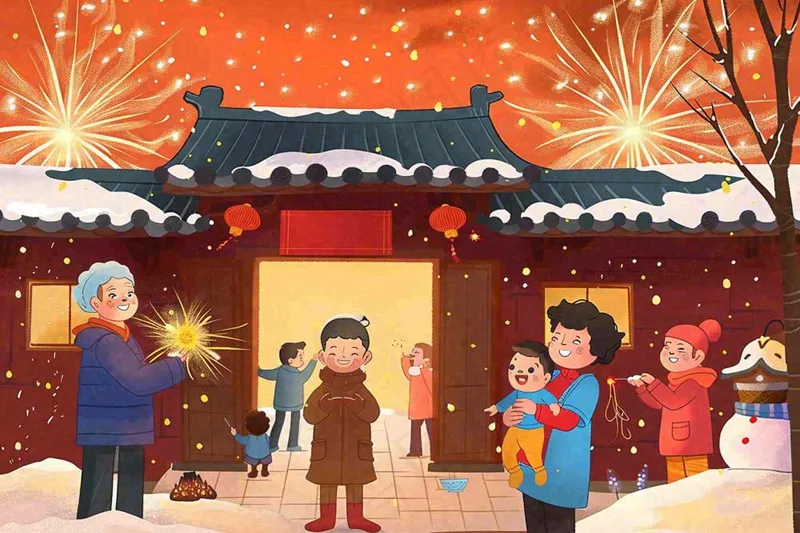 卡通新年全家放烟花鞭炮团聚喜庆春节插画过年喜庆小年除夕夜元宵背景(1344x896)