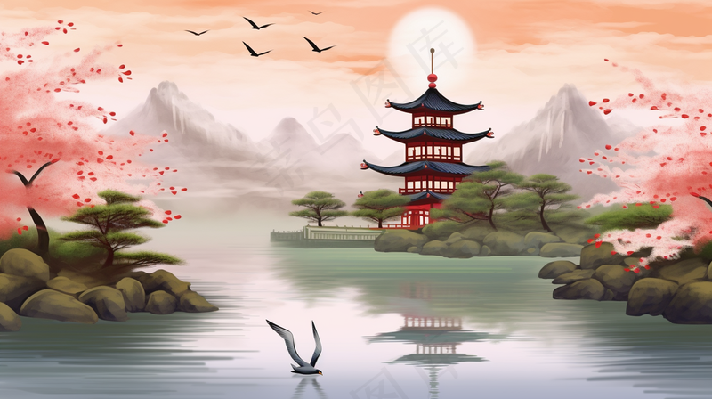 古风古建筑山水画阁楼凉亭春天山花烂漫插画背景(4368x2448)