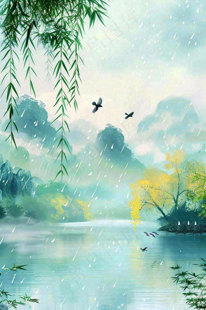 春天雨水水墨山水柳树柳枝燕子黄花盛开清明端午插画背景(896x1344)