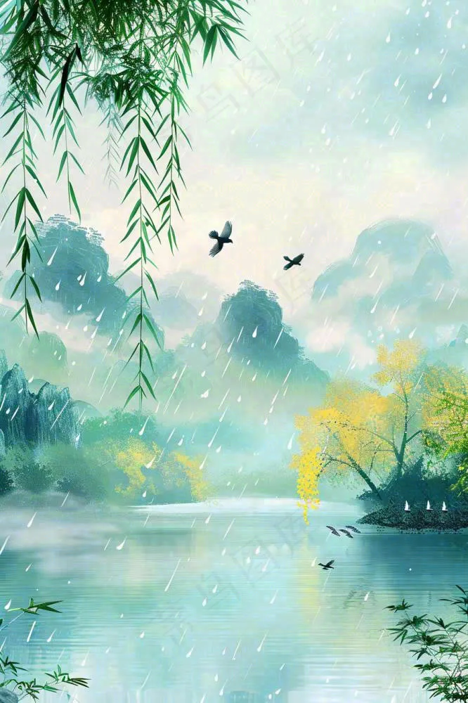 春天雨水水墨山水柳树柳枝燕子黄花盛开清明端午插画背景(896x1344)