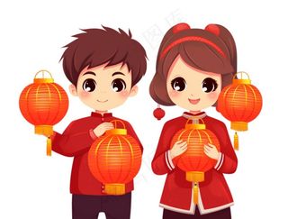 新年儿童拜年张灯结彩国潮春节红色手绘卡通插画免抠