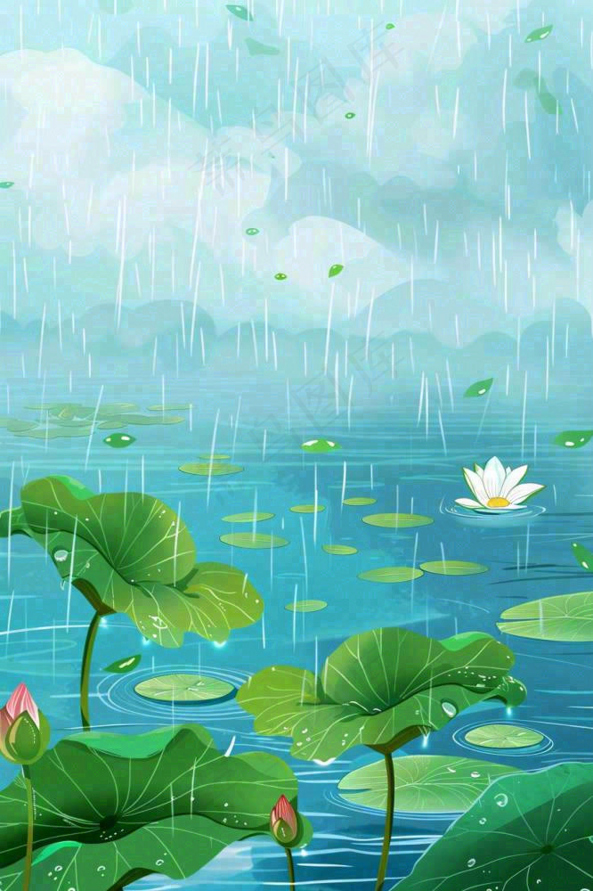 春天下雨天池塘荷花荷叶清凉雨水谷雨处暑插画背景(896x1344)