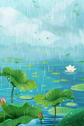 春天下雨天池塘荷花荷叶清凉雨水谷雨处暑插画背景