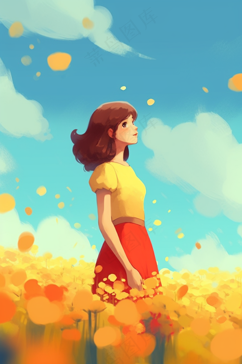 春天花海里的少女插画背景(2688x4032)