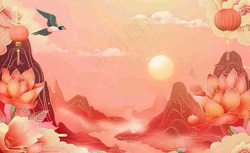 国潮风中秋重阳国庆祖国山河插画喜庆庆祝山水画背景(1408x864)
