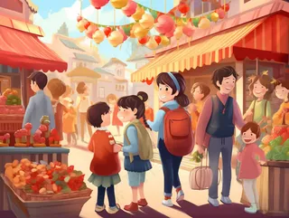 新年春节逛集市逛街热闹买年货喜庆卡通插画背景