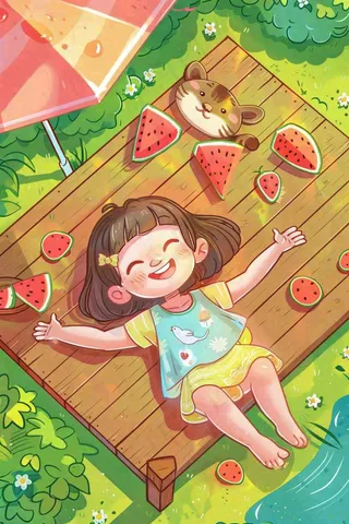 夏季乘凉吃西瓜场景女孩躺着庭院大暑小暑插画炎热插画背后