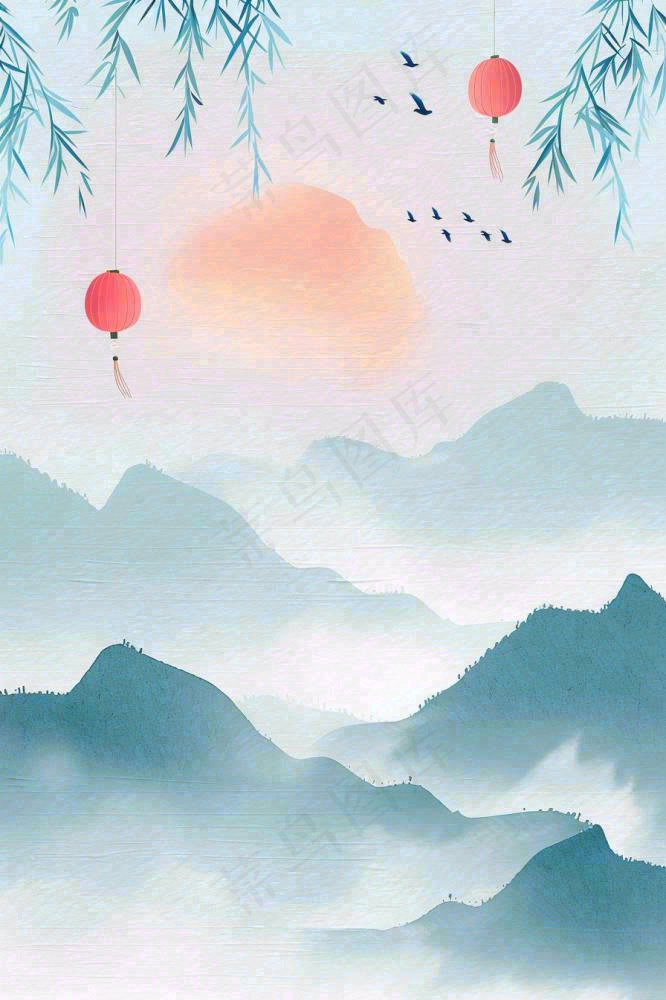 古风山水水墨画柳树柳条日出燕子惊蛰清明端午插画背景(896x1344)