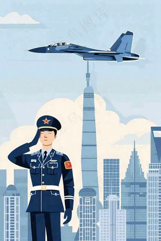 军人城市飞机蓝色建军卡通插画背景