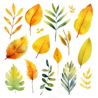 秋天落叶黄叶水彩画卡通插画免抠