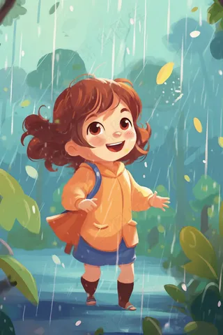森林雨中漫步玩耍的女孩卡通插画背景