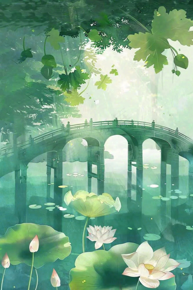 春夏绿意风景小清新荷花池塘拱桥绿荫阳光惊蛰春分立夏夏至水彩插画背景(896x1344)