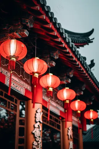 红灯笼新年屋檐挂着点亮的红灯笼中国风摄影图