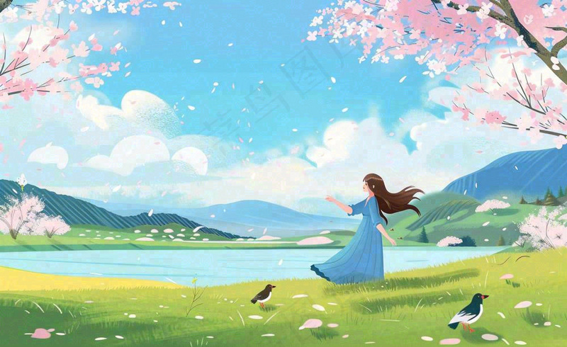 唯美治愈春天女孩踏青旅游立春春分惊蛰卡通插画背景(1408x864)
