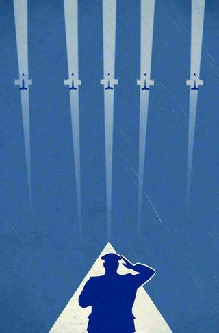 建军蓝色纹理简约军人剪影飞机插画背景