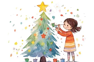 女孩装饰圣诞树可爱卡通插画免抠