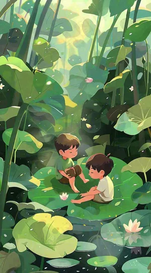 夏天池塘荷叶荷花下的儿童嬉水玩耍小清新绿色立夏小暑大暑夏至卡通插画背景