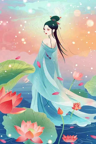 夏天古风国风古装少女荷花莲花池塘夜晚赏月夏至处暑中秋插画背景
