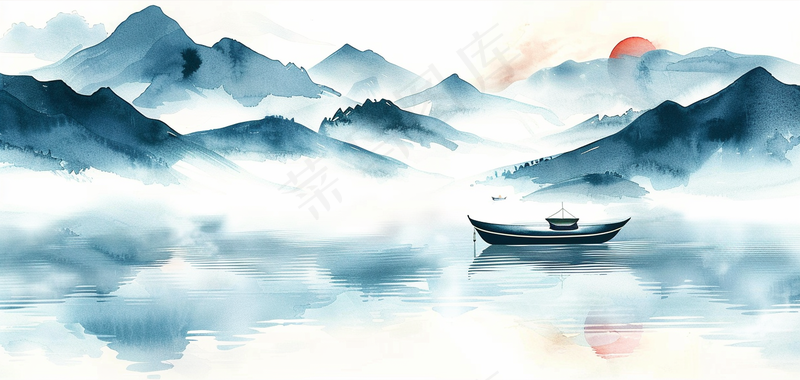 水墨山水画小船河面山川连绵国画插画背景(4368x2076)