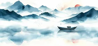 水墨山水画小船河面山川连绵国画插画背景