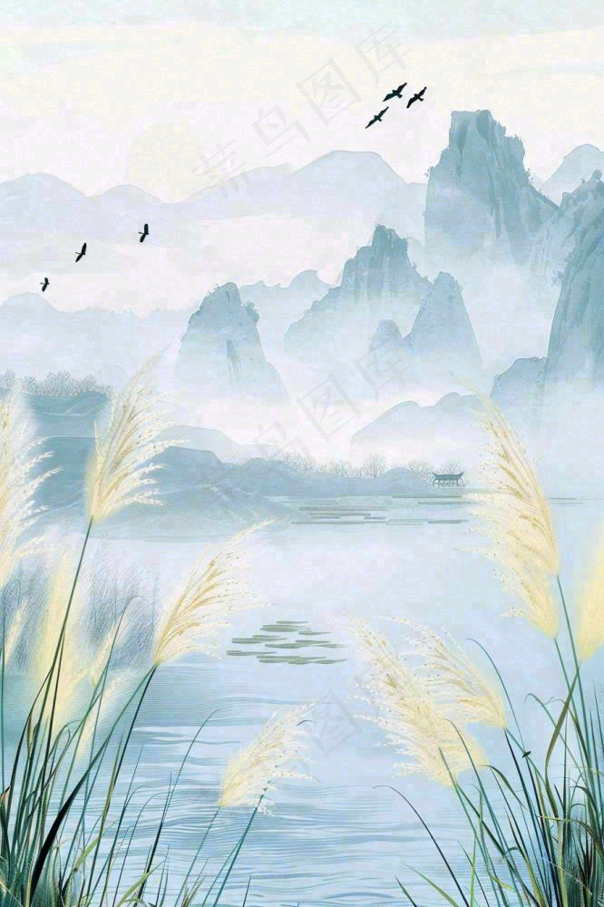 山水水墨芦苇白鹭古风白露寒露处暑插画水彩画背景