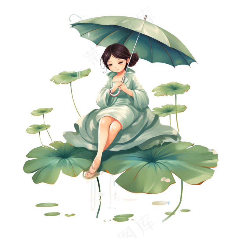 卡通手绘春季雨水节气女孩撑伞坐着荷叶场景psd模版下载