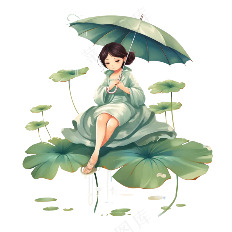 卡通手绘春季雨水节气女孩撑伞坐着荷叶场景psd模版下载