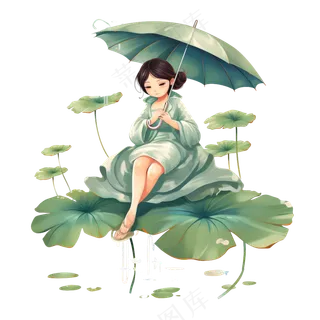 卡通手绘春季雨水节气女孩撑伞坐着荷叶场景