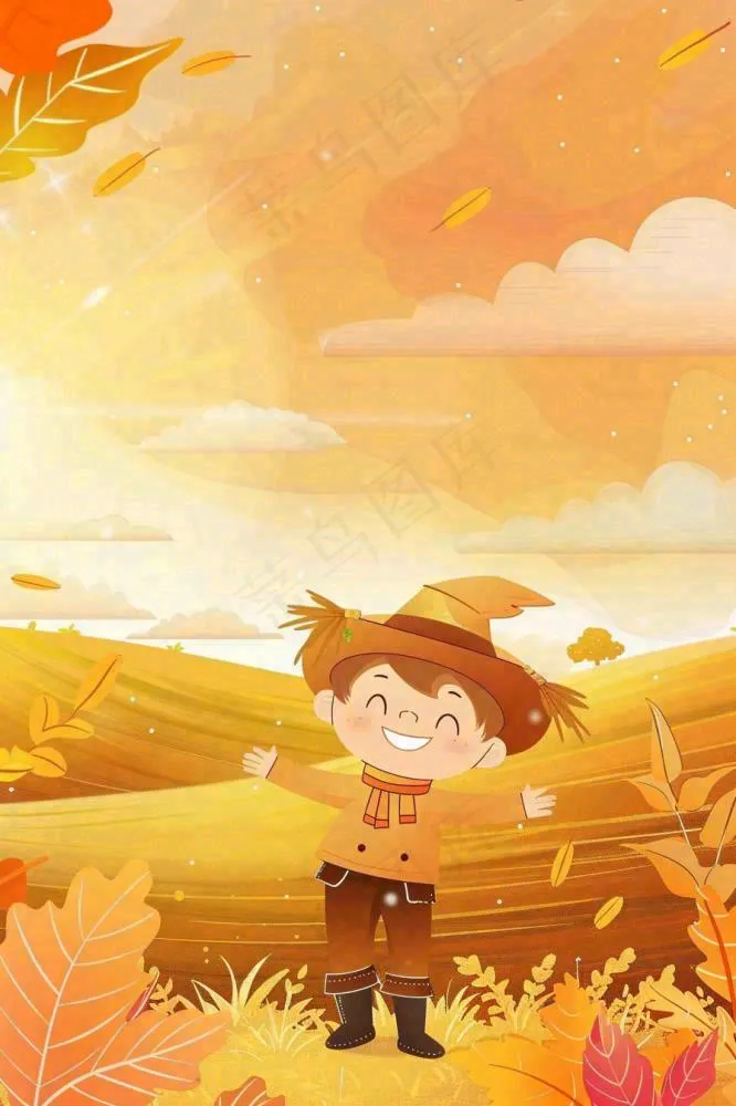 秋天金黄的农田小麦稻谷稻草人落日秋收立秋处暑秋分卡通插画背景(896x1344)