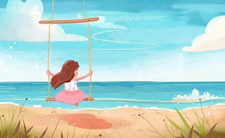 夏天海边风景大海沙滩蓝天白云立夏夏至大暑小暑唯美插画背景