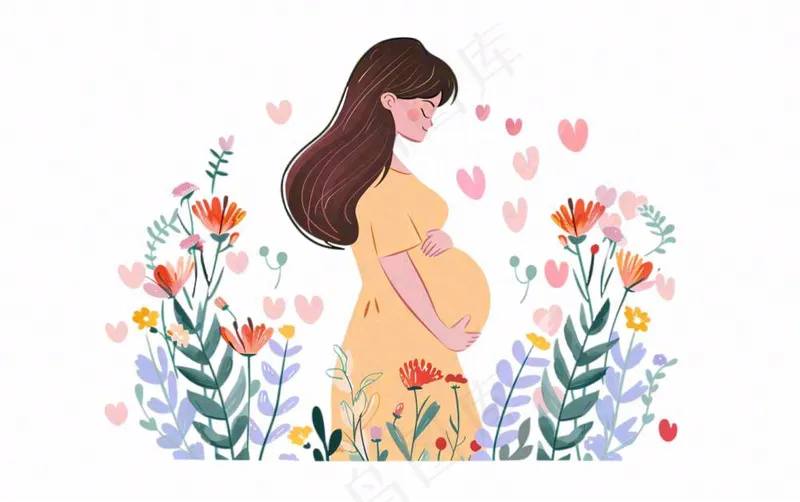 孕妇妈妈育儿鲜花拥促人物卡通插画免抠(1376x864)