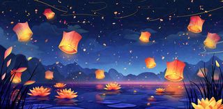 湖面花灯孔明灯风景夜晚荷花灯许愿灯放天灯中国风古风中元节寒衣节插画背景