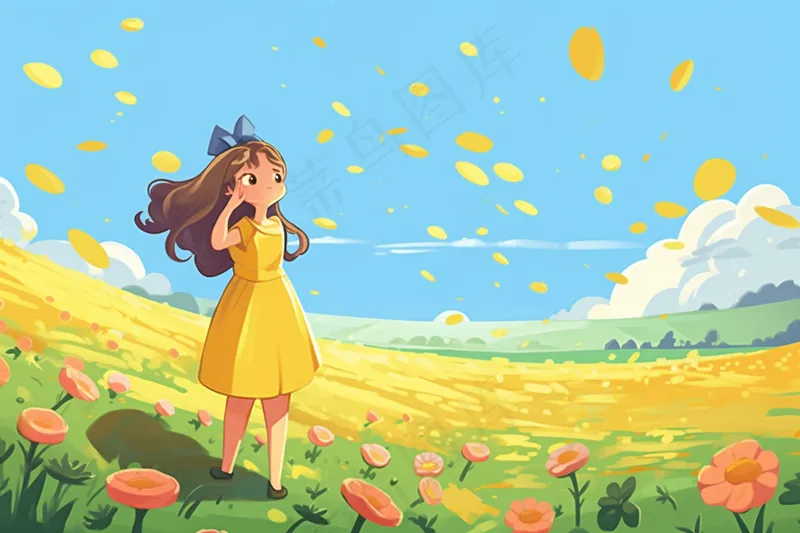 黄裙子女孩花丛中花瓣飞舞风景卡通插画背景(4032x2688)