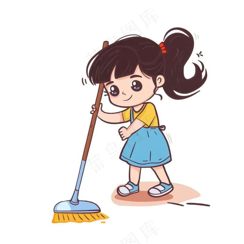 扫地的小女孩搞卫生劳动卡通插画免抠(1024x1024)