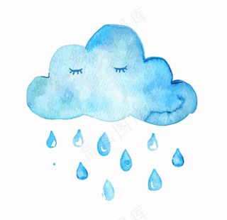 乌云下雨天气水彩卡通插画免抠