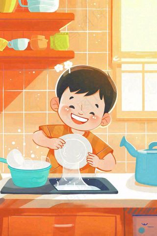 手绘五一劳动节假期学生做家务场景插画卡通劳动节儿童插画背景
